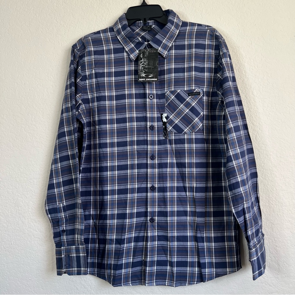 Oakley Mens Long Sleeve Button Front Plaid Shirt Blue Small | Logo | Pocket